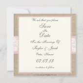 バーラップ及びレースのピンクのカスタマイズ可能な保存日付 セーブザデート (裏面)