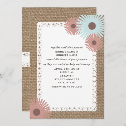 バーラップ及びレースの刺激を受けたな花の結婚式招待状 招待状 (正面/裏面)