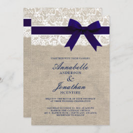 バーラップ及びレースの素朴な結婚式の海軍リボン 招待状