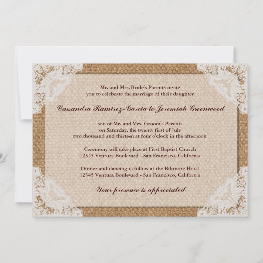 バーラップ及び白いレースの結婚式招待状 招待状 (裏面)