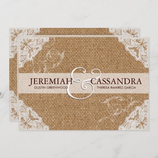 バーラップ及び白いレースの結婚式招待状 招待状 (正面/裏面)