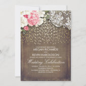 バーラップ素朴とピンクの花レース金ゴールド結婚 招待状 (正面)