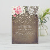 バーラップ素朴とピンクの花レース金ゴールド結婚 招待状 (スタンド正面)