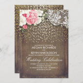 バーラップ素朴とピンクの花レース金ゴールド結婚 招待状 (正面/裏面)