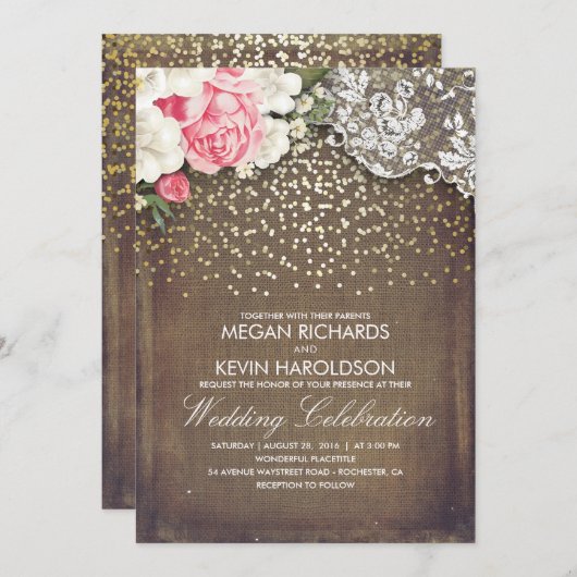 バーラップ素朴とピンクの花レース金ゴールド結婚 招待状 (正面/裏面)