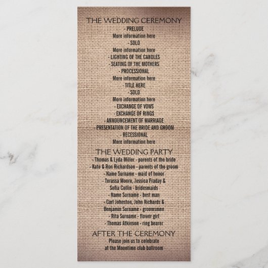 バーラップ素朴とレースのウェディングプログラム プログラム (裏面)