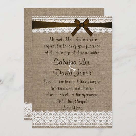 バーラップ素朴とヴィンテージレース結婚式招待状 招待状 (正面/裏面)