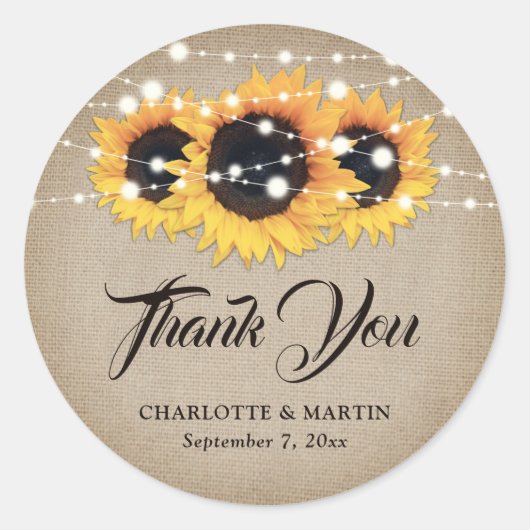 バーラップ素朴ひまわりサンフラワーサンキュー結婚式の引き出物 ラウンドシール (正面)