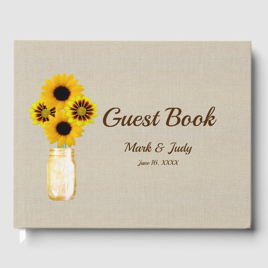 バーラップ素朴イエローフローラメイスンジャー結婚ズ ゲストブック (正面)