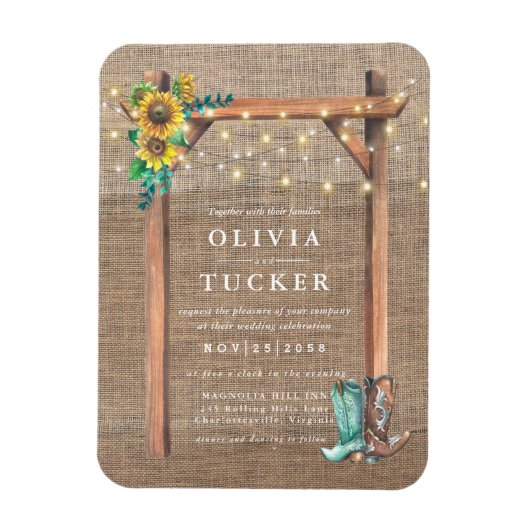 バーラップ素朴ウッドひまわりウェディング招待 マグネット (縦)