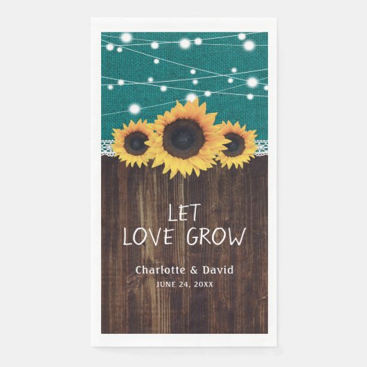 バーラップ素朴ウッドサンフラワーティール（緑がかった色）結婚ズナプキン (正面)