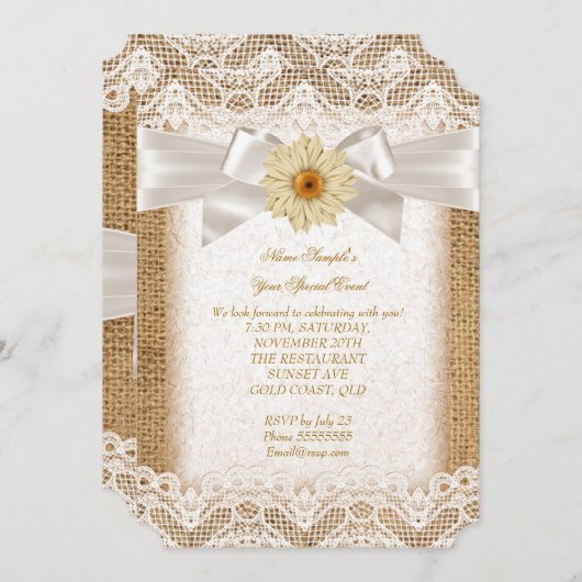 バーラップ素朴クリームレース、ガーベラフラワーボウ3 招待状 (正面/裏面)