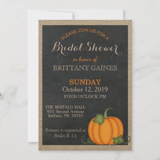バーラップ素朴シャルボードオレンジカボチャのシャワー 招待状 (正面)
