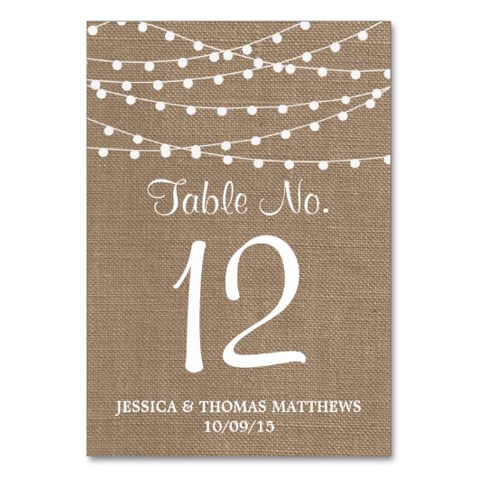 バーラップ素朴ストリングライトの結婚コレクション テーブルナンバー (正面)