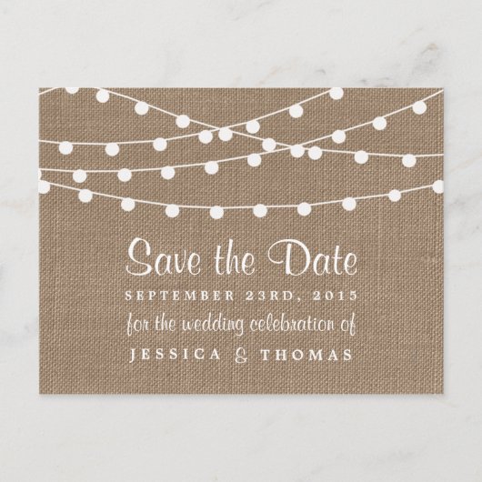 バーラップ素朴ストリングライトの結婚コレクション 案内ポストカード (正面)