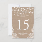 バーラップ素朴ストリングライトレーステーブル番号 招待状 (正面)