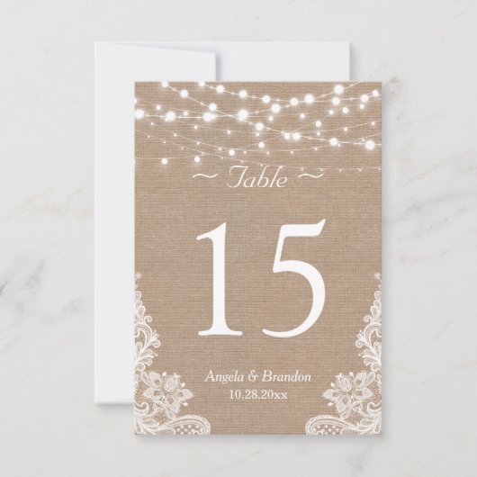 バーラップ素朴ストリングライトレーステーブル番号 招待状 (正面)