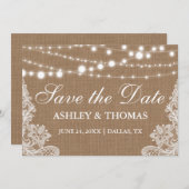 バーラップ素朴ストリングライトレース日付を保存 セーブザデート (正面/裏面)