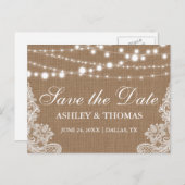 バーラップ素朴ストリングライトレース日付を保存 案内ポストカード (正面/裏面)