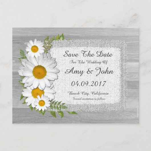 バーラップ素朴デイジーウェディングは日付デイジー2を保存 案内ポストカード (正面)