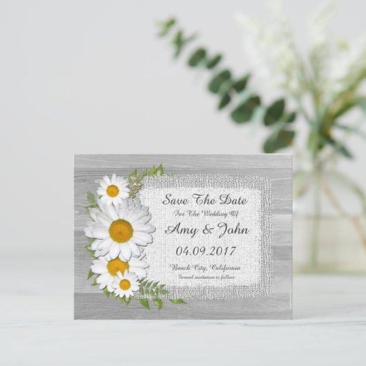 バーラップ素朴デイジーウェディングは日付デイジー2を保存 案内ポストカード (スタンド正面)