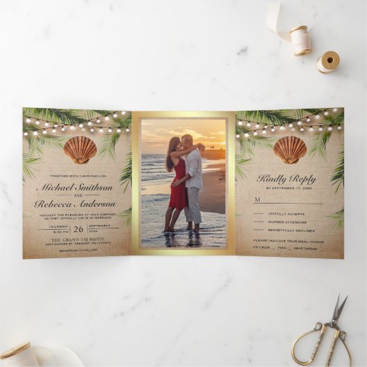 バーラップ素朴トロピカルパームリーフシーシェル結婚ズ 三つ折り招待状 (内部)