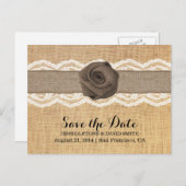 バーラップ素朴バラ&リボンレース日付を保存 案内ポストカード (正面/裏面)