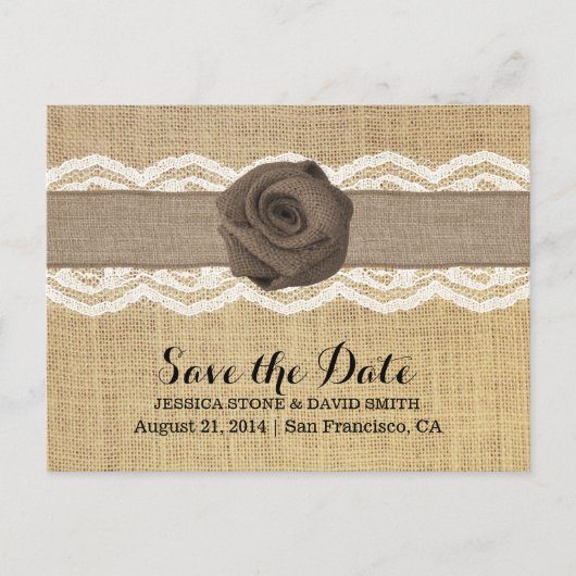 バーラップ素朴バラ&リボンレース日付を保存 案内ポストカード (正面)