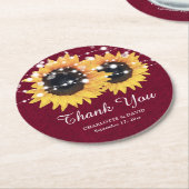 バーラップ素朴バーガンディ赤ひまわり結婚の ラウンドペーパーコースター (アングル)