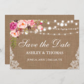 バーラップ素朴ピンクのフローラレース日付を保存 セーブザデート (正面/裏面)