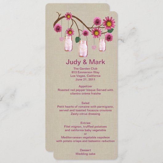 バーラップ素朴ピンクメイソンジャースメニューカード メニュー (正面/裏面)