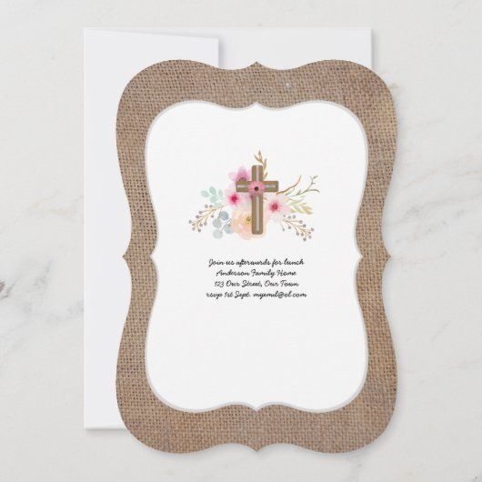バーラップ素朴ファーストコミュニオン招待状フローラクロス 招待状 (裏面)