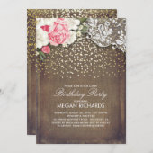 バーラップ素朴フローラレース金ゴールド誕生日パーティー 招待状 (正面/裏面)