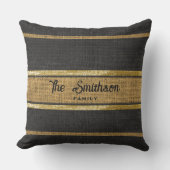バーラップ素朴ブラウンブラック金ゴールドカスタムファミリー名 アウトドアクッション (正面)