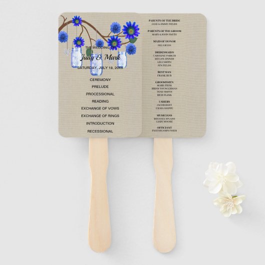 バーラップ素朴ブルーフローラメイスンジャーズ結婚ズ ハンドファン (正面&裏面)