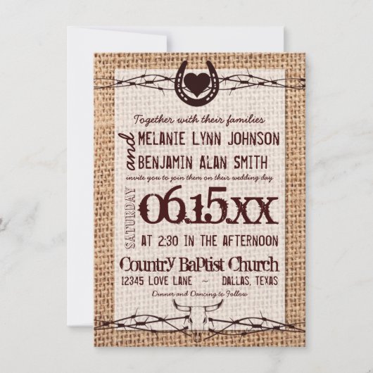 バーラップ素朴プリントバーベットワイヤ結婚式招待状 招待状 (正面)