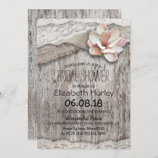 バーラップ素朴ホワイトレースフローラバーンブライダルシャワー 招待状 (正面/裏面)
