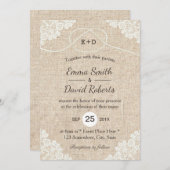 バーラップ素朴ホワイトレースロープハートノット結婚ズ 招待状 (正面/裏面)