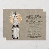 バーラップ素朴メイソンの瓶とワイルドフラワー 招待状 (正面/裏面)