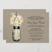 バーラップ素朴メイソンの瓶とワイルドフラワー 招待状 (正面/裏面)