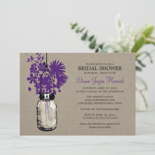 バーラップ素朴メイソンの瓶とワイルドフラワー 招待状 (スタンド正面)