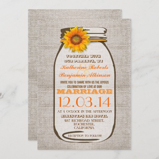 バーラップ素朴メイソンの瓶ひまわり結婚式の招待 招待状 (正面/裏面)