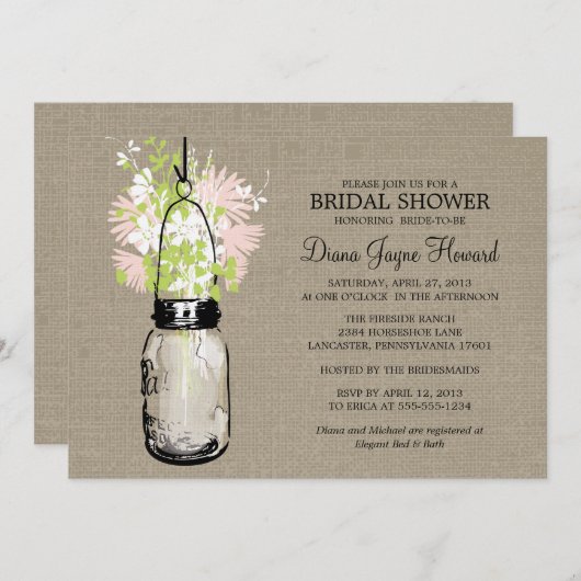 バーラップ素朴メイソンジャイルフラワーズブライダルシャワー 招待状 (正面/裏面)