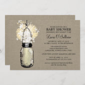 バーラップ素朴メイソンジャイルフラワーベビーシャワー 招待状 (正面/裏面)