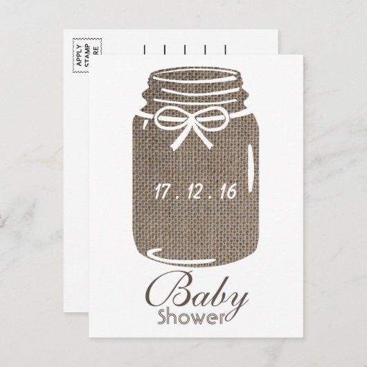 バーラップ素朴メイソンジャーブベイビーシャワー招待状 インビテーションポストカード (正面/裏面)
