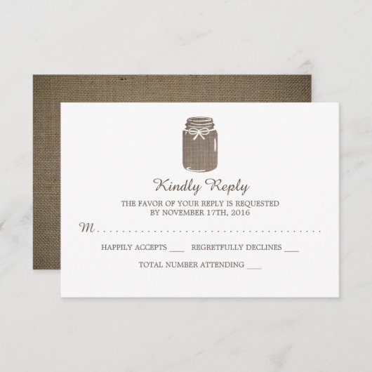 バーラップ素朴メイソンジャールウェディングRSVP 出欠カード (正面/裏面)