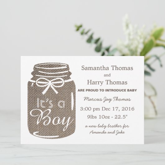 バーラップ素朴メイソンジャール新生児ボーイ発表 案内状 (スタンド正面)