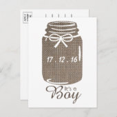 バーラップ素朴メイソンジャール男の赤ちゃん発表 案内ポストカード (正面/裏面)