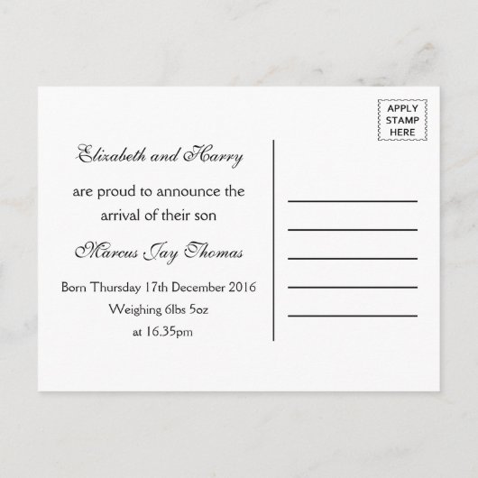 バーラップ素朴メイソンジャール男の赤ちゃん発表 案内ポストカード (裏面)