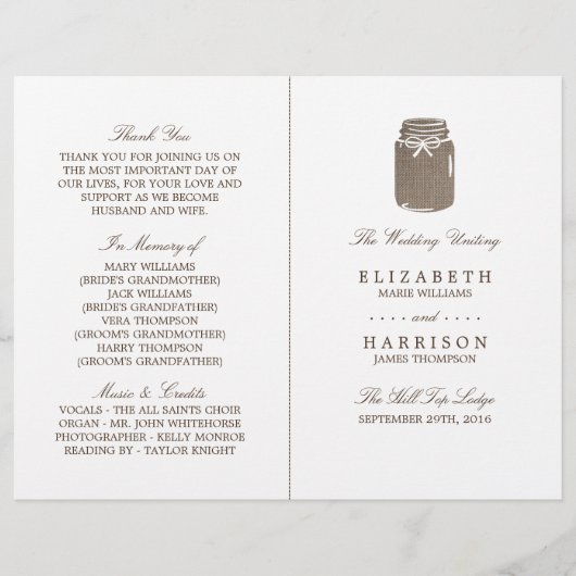 バーラップ素朴メイソンジャー結婚式 プログラム (正面)